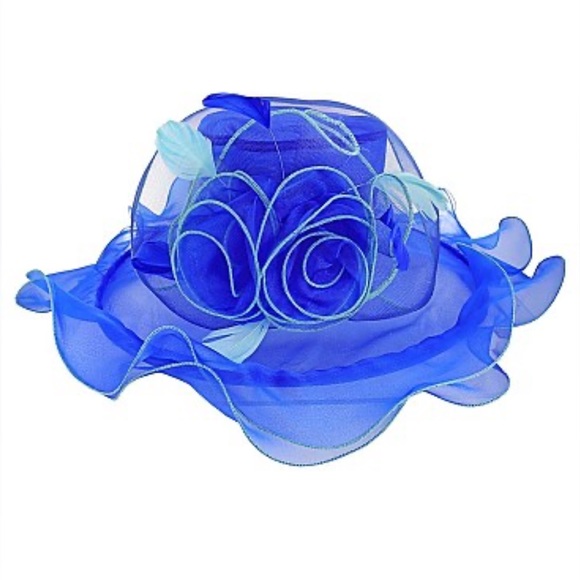 Accessories - DERBY HAT Ladies Organza Hat Wide Brim Floral blue w aqua NWOT